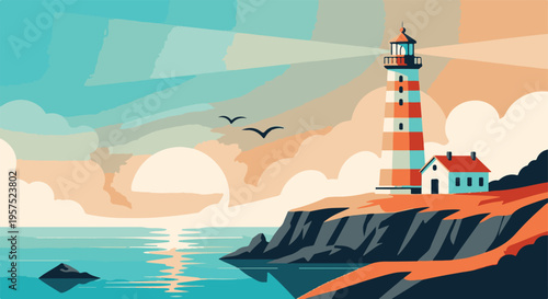 Minimalist lighthouse illustration on a cliff at sunset with ocean and birds