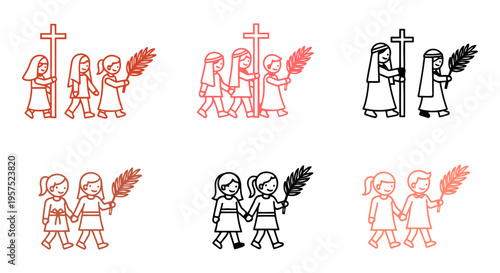 Palm Sunday vector procession icon set children with palm branches religious illustration holy week symbols line art simple graphics faith based design minimalist style EPS AI
