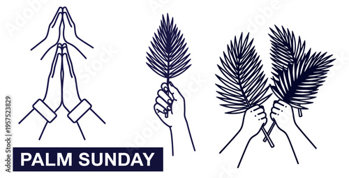Palm Sunday vector illustration icon sheet praying hands palm branches easter religious symbolism spring holiday celebrations minimalist design blue tones design asset EPS AI SVG