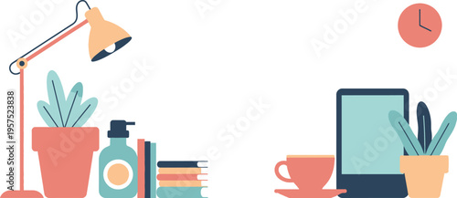 A cozy home office setup featuring a desk lamp, books, potted plants, a cup of coffee, and a tablet, perfect for a productive and comfortable workspace