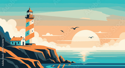 Minimalist vector illustration of a lighthouse on a coastal cliff at sunset
