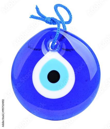 Blue glass evil eye nazar amulet with string, isolated on white background.