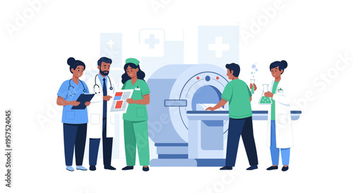Healthcare Team Operating Medical Imaging & Lab Equipment: Doctors, Nurses, Scientists, Patient Consultation & Diagnosis Concept