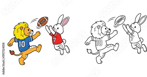 Dynamic Cartoon Lion and Bunny Playing American Football - Sports Action Scene