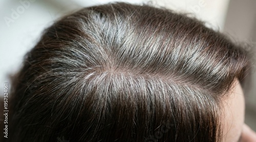 Close-up view of grey hair roots growing out from dark brown hair. Illustrates aging process and the need for hair coloring or acceptance. Ideal for beauty blogs or hair care articles.