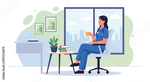 Nurse Doctor Relaxing with Coffee, Looking Out City Window - Healthcare Wellness Illustration