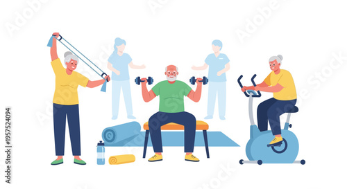 Active Seniors Exercising for Health and Rehabilitation: Elderly Fitness, Physiotherapy, and Wellness