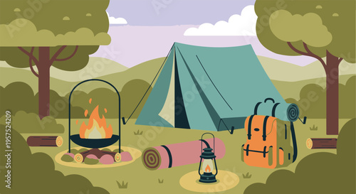 Outdoor camping scene with tent, campfire, and hiking gear in nature