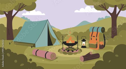 Outdoor Camping Scene with Tent, Campfire, and Backpack Illustration