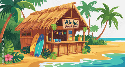  Tropical beachside bar with surfboards and palm trees