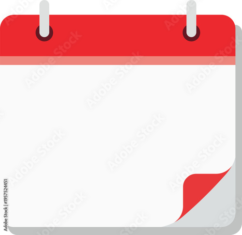 Red and white blank calendar page with curled corner and metal rings