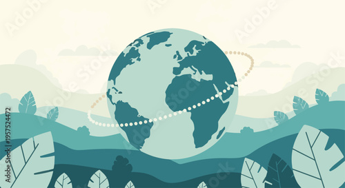 Stylized globe illustration in a serene natural landscape with orbital elements