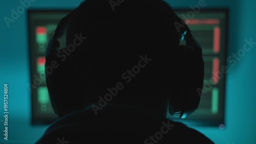Close up on person silhouette wearing headphone and listens to audio recording. Dark studio or control room. Mysterious figure spy hacker or secret agent in wiretap operation or music podcast producer