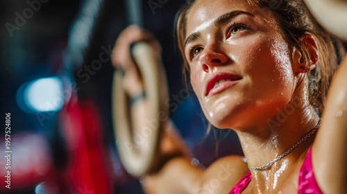 Young crossfit woman exercising on gymnastic rings with focused expression in fitness studio