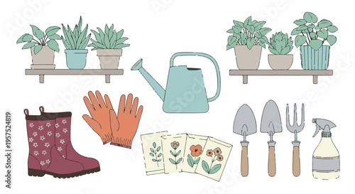 Set of Gardening Supplies, Potted Plants, and Seed Packets