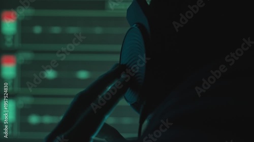 Close up on headphones man listening to audio conversation or music on computer. Person in dark room wearing headphones secretly recording sound. Criminal activity or music producer in studio room