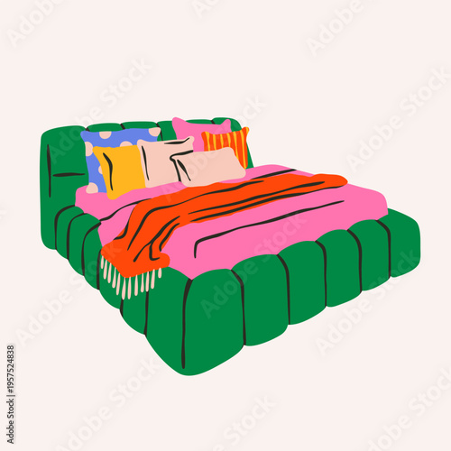 Cozy big, double, king, queen, full sized soft sleeping Bed. Colorful cotton silk linen, pillows, duvet, plaid. Bright colors. Hand drawn trendy Vector illustration. Isolated design element