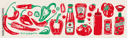 Various Ketchup sauces in bottles, tomatoes, Chili Peppers. Different container shapes. Plastic, glass bottles, soft package, sauce cup. Hand drawn Vector illustration. Isolated design elements 
