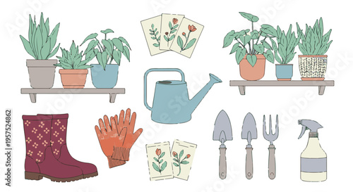 Collection of gardening tools, seed packets, boots, and potted plants