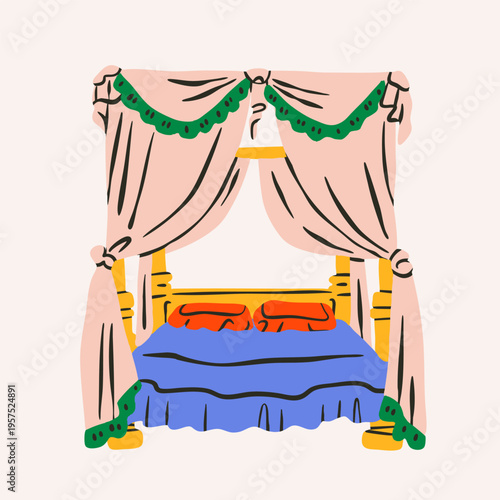 Cozy big, double, king, queen, full sized Canopy bed. Colorful cotton silk linen, pillows, bed curtains. Different colors. Hand drawn trendy Vector illustration. Isolated design element