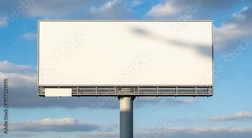 Large blank billboard sign on metal pole under blue cloudy sky