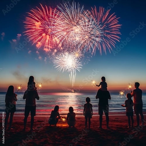 Family watching fireworks on a beach at sunset