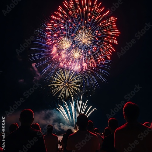 People watching colorful fireworks on a dark night