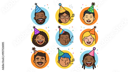 Diverse Character Facial Expressions Set with Party Hats and Laughing Whistling Icons