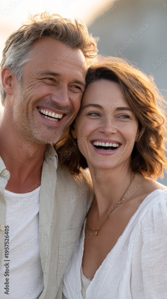 Obraz premium Smiling couple enjoying a joyful moment during a sunny outdoor setting.