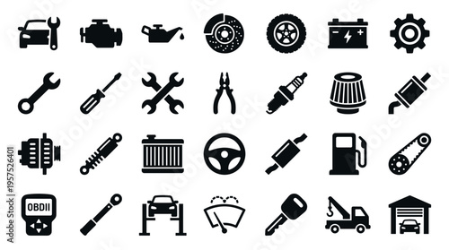 Collection of Car Parts and Automotive Service Icons Representing Vehicle Maintenance Repair and Mechanics Industry Concepts
