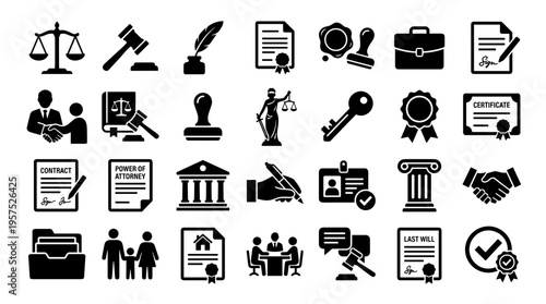 Legal and justice icons collection representing law court documents and professional services for business and legal matters