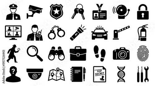 Collection of security and safety icons representing surveillance investigation law enforcement and protection services