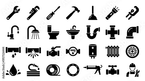 Collection of plumbing tools and equipment icons representing home repair and maintenance services