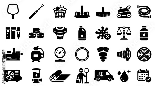 Collection of pool maintenance and cleaning equipment icons representing water care services and tools for swimming pool upkeep and hygiene