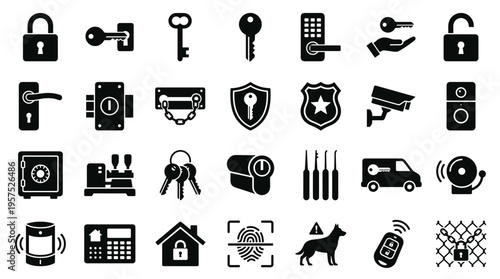 Collection of security and safety icons representing locks keys cameras alarms safes and access control systems for home and business protection