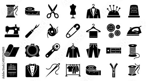 Collection of sewing and tailoring icons representing clothing creation and repair tools and accessories