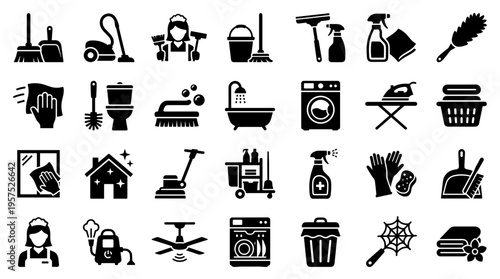 Collection of cleaning service icons representing household chores and professional hygiene tools for home and business maintenance