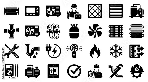 HVAC repair and maintenance icons set for air conditioning and heating system services, tools and equipment