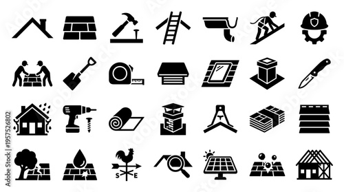 Collection of roofing and construction icons representing building maintenance repair and home improvement services with tools and elements