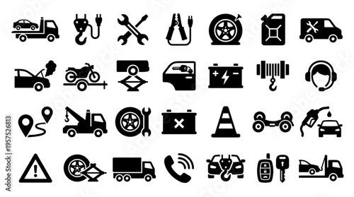 Collection of automotive service and repair icons representing vehicle maintenance towing battery jump start and roadside assistance concepts