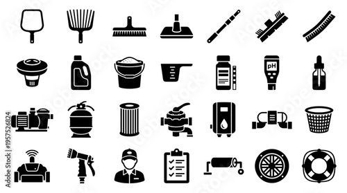 Collection of pool maintenance and cleaning equipment icons and symbols for water hygiene and care services