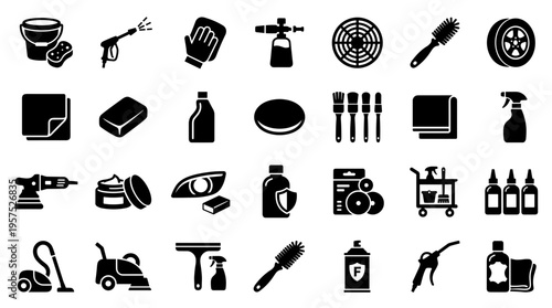 Collection of car wash and detailing tools and supplies for vehicle cleaning and maintenance services