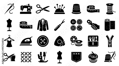 Sewing and tailoring icons set representing tools and equipment for dressmaking and crafting with fabric and thread