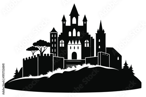 irish castle silhouette line art vector illustration