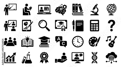 Collection of education and learning icons representing knowledge, science, art, music, and technology in a modern flat design style