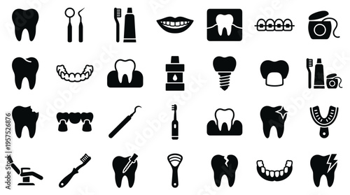 Dental Care Icons Set Black and White Collection of Oral Hygiene Symbols and Tooth Illustrations