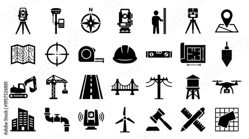 Collection of surveying construction engineering and architecture icons representing building infrastructure development and land measurement tools and equipment