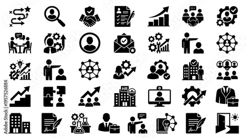 Collection of business and management icons representing strategy planning teamwork human resources and professional growth concepts