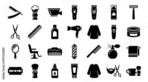 Collection of black and white barber shop and grooming icons representing hair cutting shaving and styling tools for professional barbers and personal care