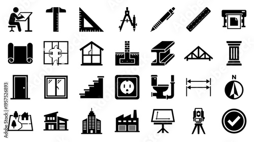 Collection of black and white icons representing architecture construction engineering design and planning elements for professional use
